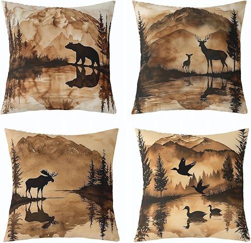 Feelyou Set of 4 Vintage Bear Throw Pillow Covers,Cabin Deer Hunting Cushion Case for Home Living Room Decor, Camo Duck Moose Animals Brown Decorative Throw Cushion Case, 18x18 Inches