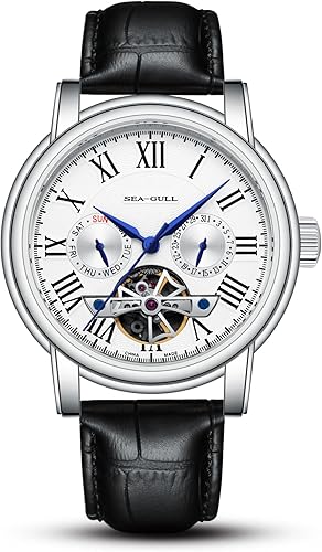 SEA-GULL 2021 Seagull Men's Watch Hollow Automatic Mechanical Watch Calendar Potential Multifunction Flywheel Business Watches, White- D819.626, Strap