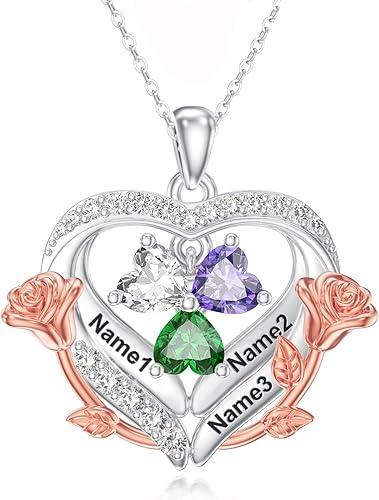 10K 14K 18K Gold Personalized Name Necklace with 1-5 Birthstones - Custom Mother's Names Necklace,Rose Heart Birthstone Necklace Jewelry Gift for Women Mom