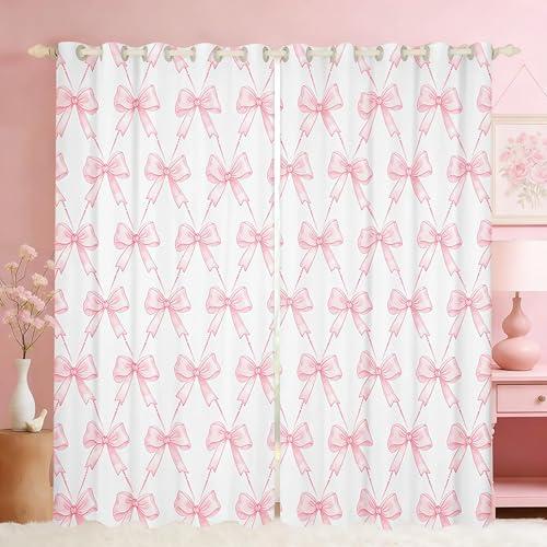 Feelyou Bow Room Darkening Blackout Curtain Boys Girls (2 Panels, 42 x 84 Inch) Pink Girls Bow Curtains for Bedroom Living Room Cute Bowknot Blackout Curtains Kawaii Window Treatments