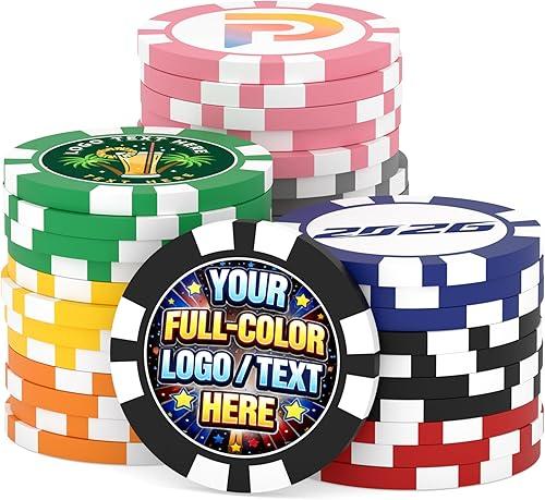 Personalized Clay Poker Chips 50-500 PCS – 40mm 11.5g Heavy Casino Chips with Custom Logo, Photo or Design – Good for Parties, Bars, Business & Corporate Events