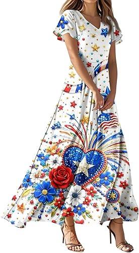 Summer Dresses for Women 2026 Short Sleeve Elegant Classy 4Th of July V Neck Patriotic American Flag Maxi Dress