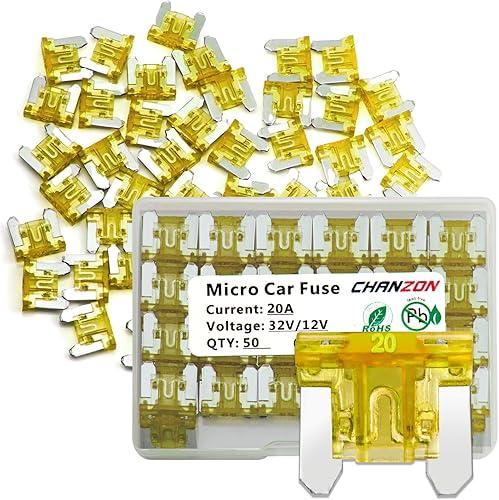 Chanzon 50Pcs 20A Low Profile Mini Micro Blade Fuse 20 Amp 32V Fast Blow Fuses for Automotive Car Truck Vehicle SUV