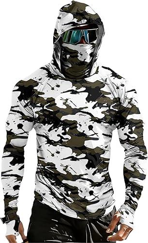 Mens Fishing Shirts with Face Mask Long Sleeve UPF 50+ UV Sun Hoodie Camo Hiking Running Swim Athletic Rash Guard