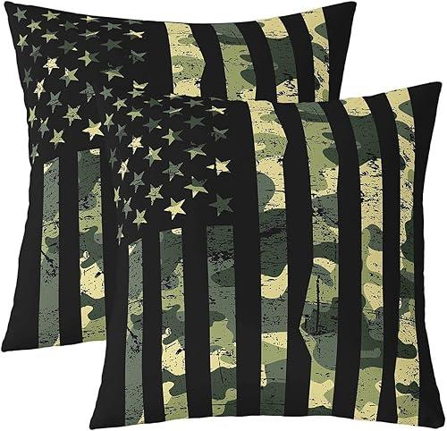 Erosebridal American Flag Camouflage Throw Pillow Covers 20x20 Inch Set of 2 Rustic Camo Pillow Covers Green Military Hunting Decorative Square Pillow Cases Nature Conifer Oak Leaves Cushion Cases