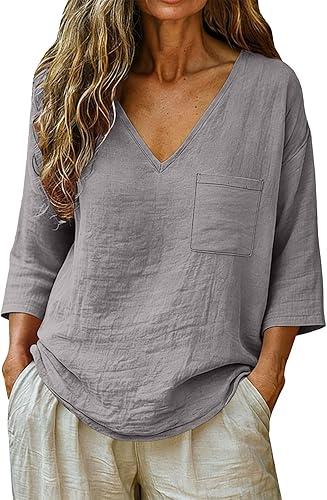 Linen Tops for Women Trendy Summer 3/4 Sleeve V Neck T Shirts Dressy Casual Linen Cotton Loose Fit Plain Boho Blouses