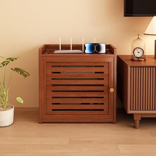 Double Layer WiFi Router Storage Cabinet Shelf Organizer WiFi Router Hidden Box for Modem,Power Strip and Cable Management Hider Organizer,for Bedrooms,Living Rooms(Brown,15.9 * 11 * 16.9in)