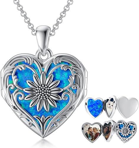 SOULMEET Cameo Sunflower Heart Locket Necklace That Holds 3/4/5 Pictures, Sterling Silver You are My Sinshine Expandable Pictures Locket Necklace Keep Family Members Near to You