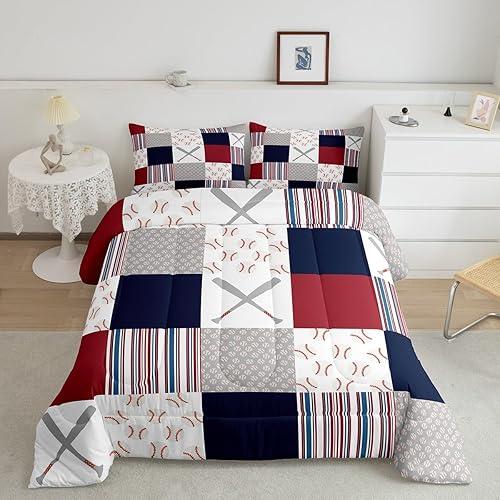 Feelyou Baseball Comforter Set Twin Size Sports Game Comforter Baseball Gaming Bedding Set Gift for Baseball Lover Duvet Set Room Decor White Navy Quilt Set