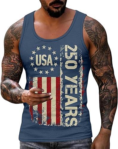 Men's 250 Anniversary USA Shirt Retro American Flag Tank Tops Patriotic Tee for 4Th of July Spring Summer Vest
