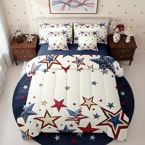 Castle Fairy Stars Retro Comforter with Sheets 4th of July Memorial Day 7 Piece Bedding Set King Size for Girls Boys Independence Day Polyester Bed in a Bag Beige Soft Bedding Comforters