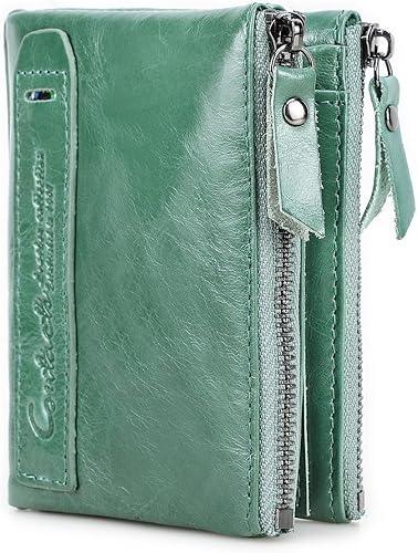 CONTACTS Soft Leather Wallet for Women Small Bifold Coin Purse Double Zipper Card Holder with RFID Blocking (Teal Green)