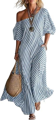 Women's 2026 Summer Flutter Short Sleeve One Shoulder Loose Boho Vacation Flowy Midi Dress, S-2XL