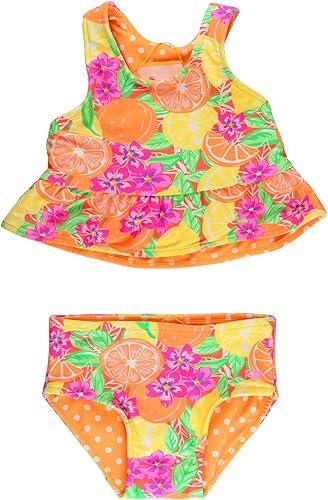 RuffleButts Baby/Toddler Girls UPF50+ Sun Protected Reversible Peplum 2 Piece Sleeveless Tankini