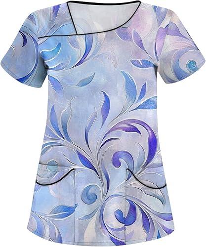 Scrubs for Women Plus Size Stretchy Scrub Tops Asymmetric Neck Short Sleeve Floral Nursing Uniforms with Pocket