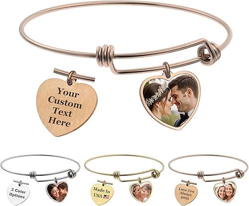 Personalized Photo Text Engrave Custom Message Picture Dangle Charm Adjustable Wire Bangle Bracelet Family Friend Inspirational Gift