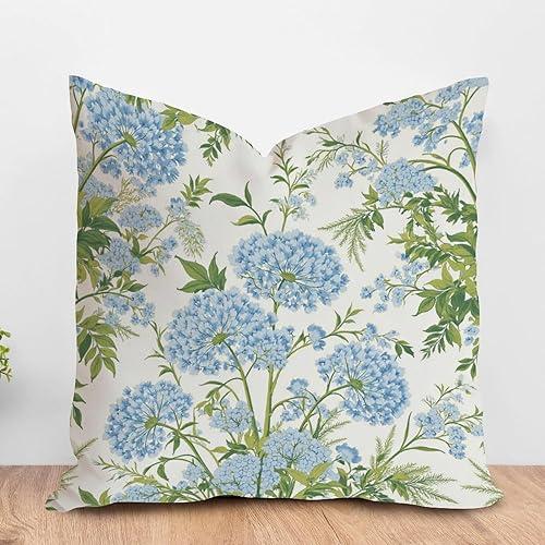 ArogGeld Blue Hydrangea Floral Summer Pillow Covers 18x18 Chinoiserie Decorative Throw Pillow Covers for Couch Pillows for Living Room Home Decor Linen Accent Pillows for Bed Bedroom Cushion Cover