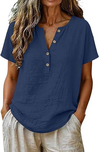Womens Linen Tops Trendy Summer Short Sleeve Button Henley Shirts V Neck Dressy Casual Linen Cotton Loose Blouses