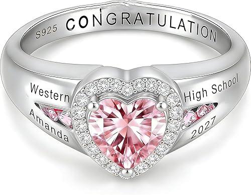 2026 Custom Class Rings for Women，Personalized High School and College Graduation Gifts Crafted From S925 Silver/10K/14K/18K Gold, Featuring an Heart Birthstone Design—A College Commemorative Ring Made Just for Women