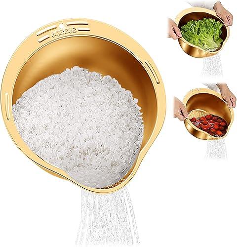 Stainless Steel Rice Strainer Bowl With Side Drainers，Rice Strainer Fine Mesh，Fine Strainers for Quinoa for Cleaning Fruits Vegetables Beans，Versatile Kitchen Tool，10.55" x 5.31" (Gold)