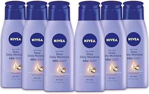 NIVEA Shea Nourish Body Lotion for Dry Skin with Hyaluronic Acid, Shea Butter and Deep Nourishing Serum, 48-Hour Body Moisturizer, 2.5 Fl Oz Bottle, Pack of 6