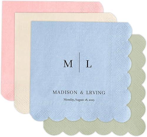 100 Pcs Custom Cocktail Napkins - Personalized Scalloped Napkin for Weddings with Name&Date - 4.8"x4.8" Customized Sage Green Blue Pink Napkins for Wedding Engagement Party Bridal Showers Anniversary