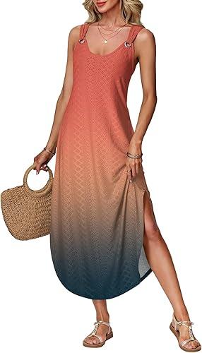 Dresses for Women Fashion Sleeveless Side Split Maxi Sundress Loose Fit Summer Beach Vacation Tank Shirt Long Dress