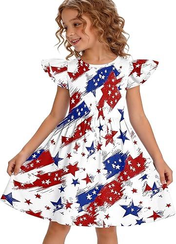 Independence Day Dress for Girl Flutter Sleeve Floral Patriotic Dresses USA Flag Sundress for Girls, 110