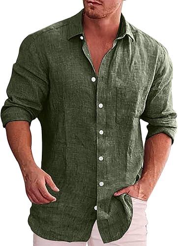 Cotton Linen Gauze Shirt for Men, Long Sleeve Solid Band Collar, Casual Hippie Tops for Beach and Summer