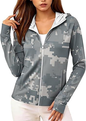 Women's Lightweight Sun Uv Protection Jacket Long Sleeve Zip Up Hoodie with Camouflage Print and Front Pockets