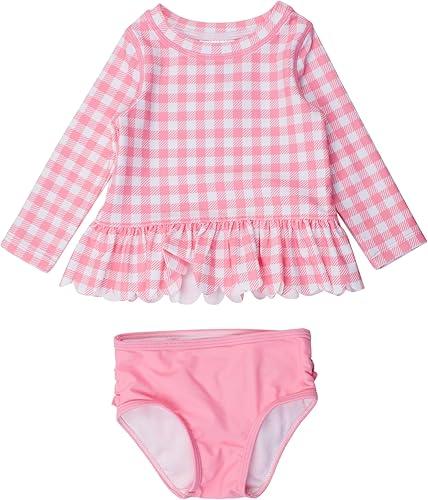 RuffleButts Baby/Toddler Girls Scalloped Long Sleeve Rash Guard 2-Piece UPF50+ Sun Protected Swimsuit