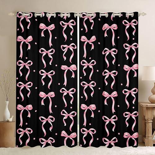 Feelyou Girls Bow Curtains for Bedroom Living Room Black Pink Bowknot Blackout Shades Kawaii Cute Princess Style Room Darkening Curtain Coquette Aesthetic Window Treatments, 2 Panels 42 x 84 Inch