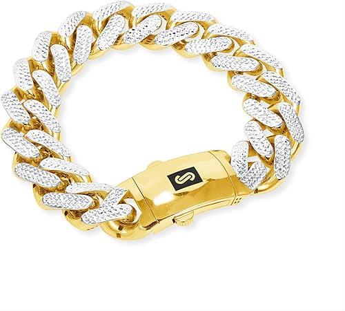 Nuragold 10k Real Yellow Gold Royal Monaco 17mm Miami Cuban Diamond Cut Pave Link Bracelet (8"-9") Two Tone Italian Jewelry for Men