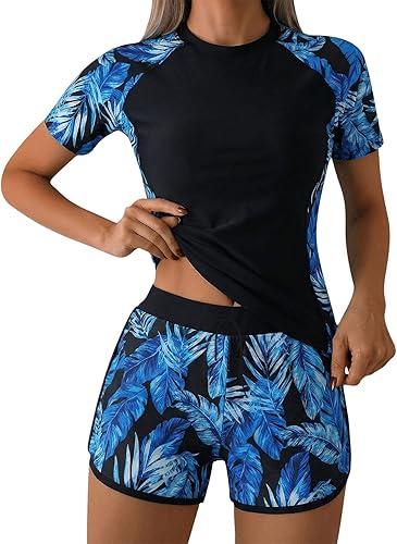 Women Two Piece Rash Guard Hawaii Graphic UPF 50+ Bathing Suit Short Sleeve Shirt and Board Shorts Surfing Swimsuit