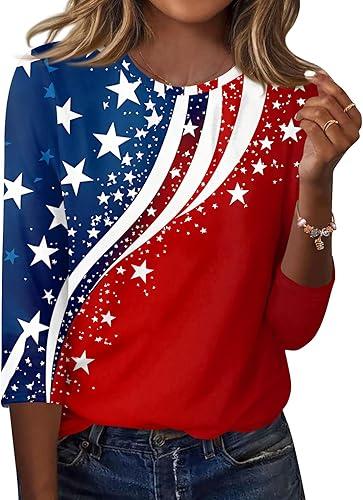 Women 250 Anniversary USA Shirt America Flag Patriots 4Th of July Shirts Round Neck Tshirts 3/4 Sleeve Tops