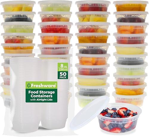 Freshware Food Storage Containers [50 Set] 8 oz Plastic Deli Containers with Lids, Slime, Soup, Meal Prep Containers | BPA Free | Stackable | Leakproof | Microwave/Dishwasher/Freezer Safe — 15% off