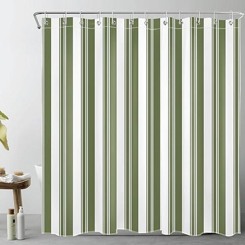 LB Green Striped Shower Curtain for Bathroom, Modern Abstract Minimalist Vertical Stripe Fabric Shower Curtain with Hooks,Retro Green and White Bathroom Curtain Shower Set, 72" W x 72" L