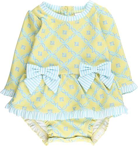 RuffleButts Baby Girls UPF50+ Long Sleeve One Piece Bow Peplum Rash Guard Swimsuit