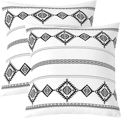 Western Throw Pillow Covers 18 x 18-Inch Kids Southwestern Native Cushion Case for Boys Girls Teens Wild West Cowboy Set of 2 Decor Pillowcase Soft Microfiber Tribal Bohemian Room Decor White Black