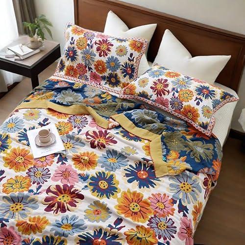 ITFRO 100% Cotton Muslin Blanket 6 Layer Cooling Gauze 80x92 Inches Soft Breathable Lightweight for Hot Sleepers Floral Sunflower Daisy All Seasons Bedspread Bed Couch Sofa (New-Flower, 80"x92")