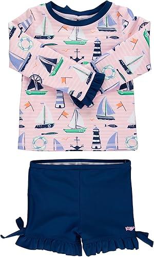 RuffleButts Girls UPF50+ Long Sleeve Rash Guard Ruffle Shorts 2-Piece Swimsuit