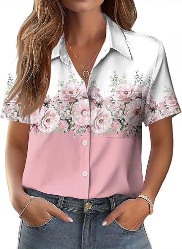 Women Button Down Shirts Short Sleeve Collared Tops Dressy Casual V Neck Blouses