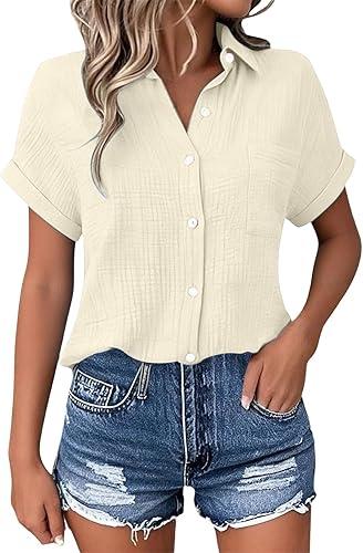 KIKX0DE Womens Gauze Button Down Shirts Casual Short Sleeve Dress Shirt Textured Collared Summer Clothes Work Blouse