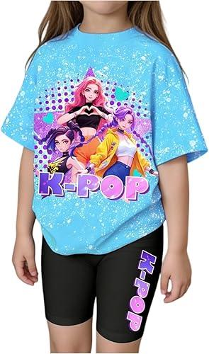 Kpop Two-Tone T-Shirt and Shorts Set for Girls 2 Piece Kids Outfit with Demon Accents for Young Hunters Fans