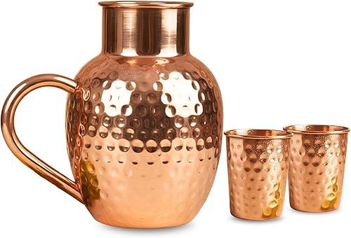 Pure Copper Hammered Jug Set – 1.5L Leak-Proof Water Pitcher with Handle + 2 Tumblers | Handcrafted Ayurveda Drinkware | BPA-Free, Durable, Reusable Mug Set for Home & Kitchen