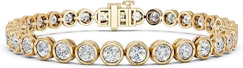 6.00 Carat F-G/VS Lab Grown Round Brilliant Cut Diamond Studded Bezel Set 6.50 Inch Tennis Bracelet for Women Made in Solid Gold