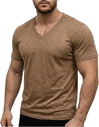 Mens Casual Short Sleeve Tee Shirts Summer Basic Plain V Neck Shirt Big Gym Workout Tshirt Soft Loungewear Top