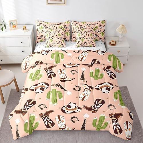 Western Cowboy Boots Full Comforter Set Cowhide Print Cowboy Hat Bedding Sets Cartoon Green Cactus Horseshoe All Season Comforter,Flat Sheet,Fitted Sheet,2 Pillowcases,2 Pillow Covers,7 Pieces
