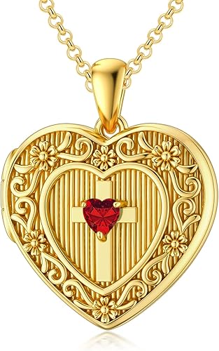 SOULMEET Personalized Gold Birthstone Cross Locket Necklace That Holds 1 Picture Photo Heart Birthstone Locket Gift for Women Men