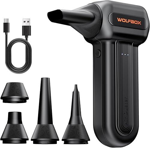 WOLFBOX MF60 Compressed Air Duster-110000RPM Super Power Electric Air Duster, 3-Speed Adjustable Rechargeable Cordless Air Blower with Fast Charging for PC Keyboard Cleaning, Car, Home, 5 Nozzle